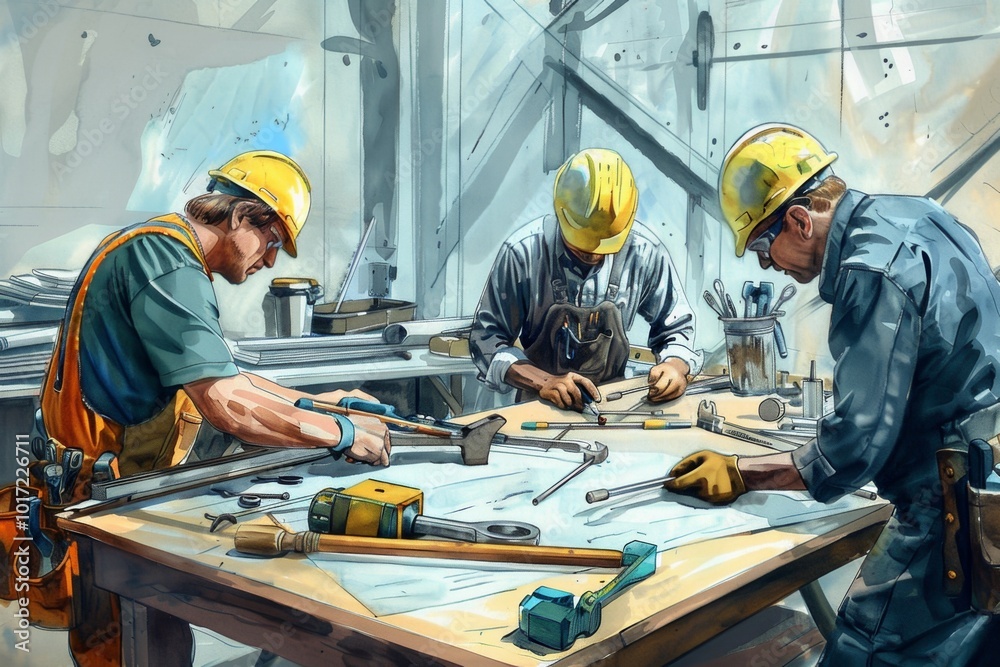 Poster a dedicated repair team collaborates at a construction site, using tools and materials to complete t