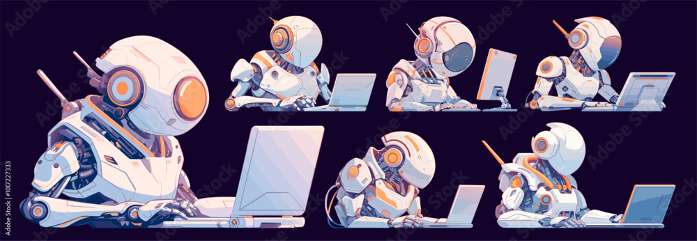 Poster robot at computer. artificial intelligence, ai modern research computer digital technologies vector 