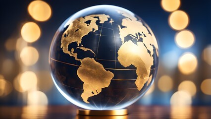 A glass globe with a gold map of the world sits on a wooden table against a background of glowing lights.