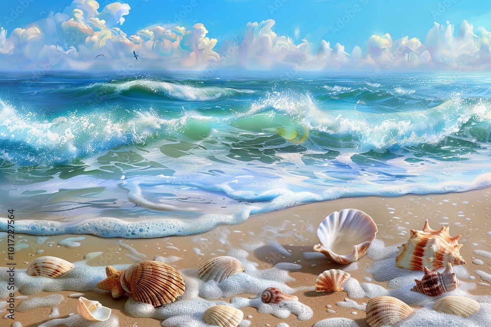 Poster colorful seashells line the sandy beach as waves gently crash, creating a peaceful atmosphere under 