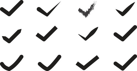 Check or tick icons. Big set of black check or tick icons for design. Check symbol isolated on background. Vector
