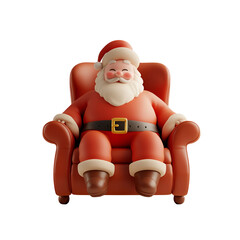 Santa Claus, the happy Christmas character, sitting in an armchair, 3D render cartoon illustration, Isolated on Transparent Background, PNG