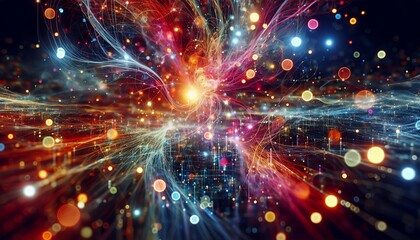 Obraz premium An expressive digital artwork showcasing interconnected particles and light trails, representing themes of technology and data flow.