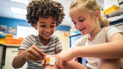 A child pretending to be a school nurse, applying a band-aid to another child's scraped knee,