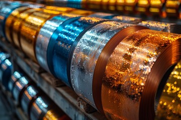 Close up of various metal stocks  coils, foils, bars, tubes, and plates for scrap recycling