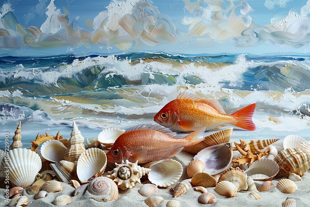 Poster two vibrant fish explore a sandy beach scattered with various seashells while gentle waves crash nea
