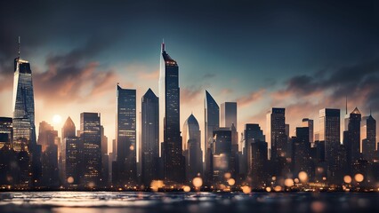 Obraz premium A panoramic view of a city skyline at dusk with skyscrapers, buildings, and the sun setting behind them.