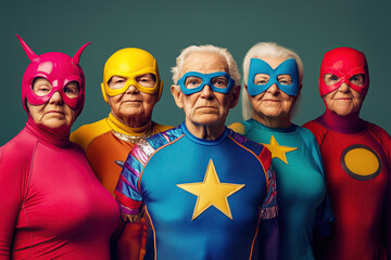 people of ai // elderly superheroes posing in colorful costumes with masks, studio setting, dark background, photorealistic