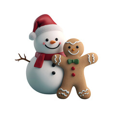 3D Render Cartoon Illustration of Christmas Characters: Snowman and Gingerbread Man, Isolated on Transparent Background, PNG