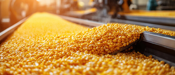A large pile of yellow corn. The corn is being scooped up by a spoon