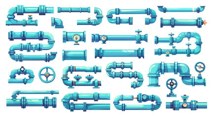 Water pipes. Metal pipeline construction kit connections valves, gas oil industry stainless steel plumbing system set vector illustration