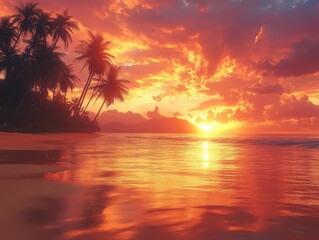 exotic beach at sunset, palm trees silhouetted against a vibrant sky; golden sand reflects the warm hues, evoking a relaxing and idyllic summer vacation vibe