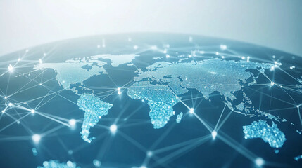 A light blue background with a digital world map and global network connections, representing