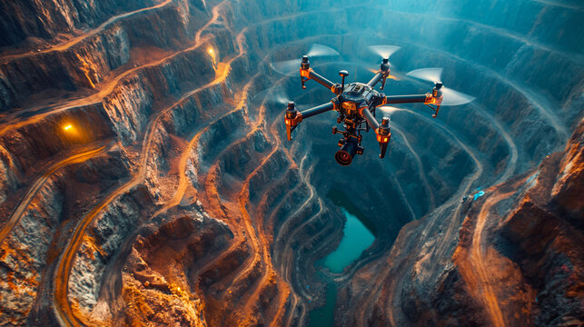 An image of a mining site with a UAV flying over, paired with a topographic map created from LiDAR data