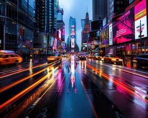 Obraz premium Bustling city street scenes, neon lights, vibrant colors, photography, dynamic, lively