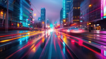 Obraz premium Bustling city street scenes, neon lights, vibrant colors, photography, dynamic, lively