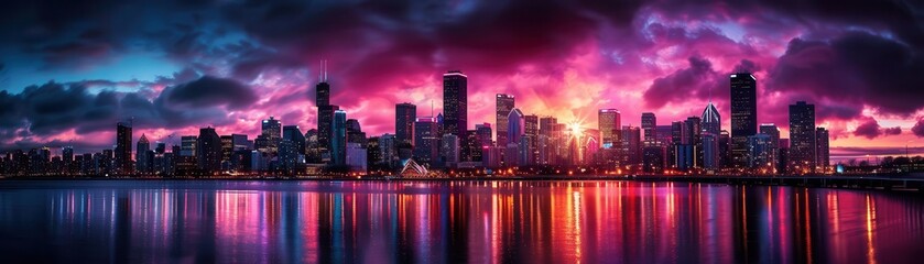 Fototapeta premium City skyline at dawn, soft lighting, photography, vibrant colors, iconic landmarks