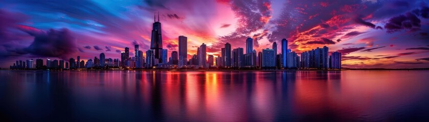 Fototapeta premium City skyline at dusk, dramatic lighting, photography, vibrant colors, iconic landmarks