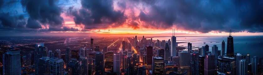 Fototapeta premium City skyline at dusk, dramatic lighting, photography, vibrant colors, iconic landmarks