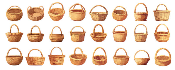 Wicker Baskets. Cartoon empty handmade rattan container, woven rural picnic basket decorative set vector illustration