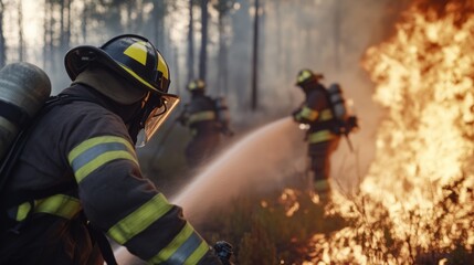 Fototapeta premium Courageous responder: brave fireman fearless commitment in battling fires, ensuring safety, representing valor, resilience that define essential role of firefighters in emergency services.
