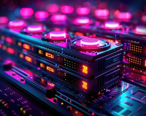 Naklejka premium Data centers with advanced technology, abstract art, neon lights, high-tech, detailed