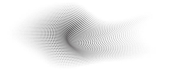 Fototapeta premium Flowing Wave Dot Halftone Pattern: Curve Gradient Shape on Transparent Background. Suitable for AI, Tech, Network, Digital, Science, and Technology Themes.