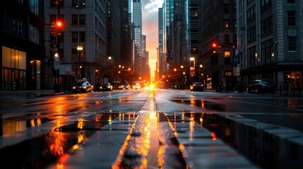 Obraz premium Empty city streets at dawn, soft lighting, photography, serene, quiet, urban setting