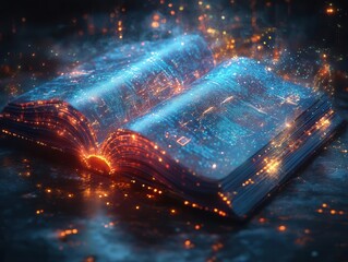 futuristic digital book design showcasing advanced learning technologies, blending traditional reading elements with immersive digital visuals, emphasizing innovation in education