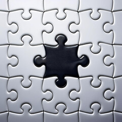 Fototapeta premium Jigsaw puzzle with solid white pieces and one black in the center symbolizing yin and yang