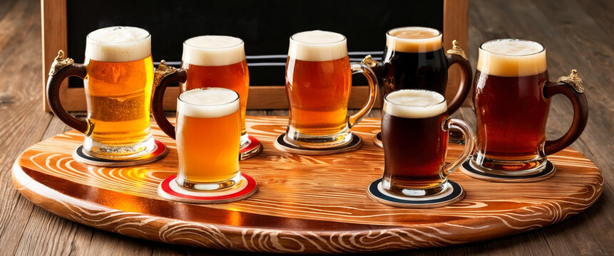 Different beer types served on wooden tray in a bar