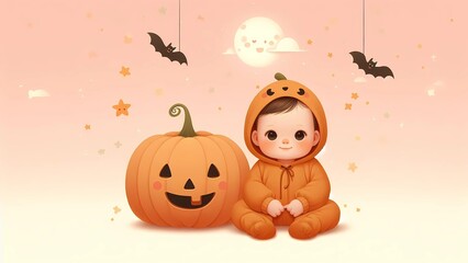 Fototapeta premium Adorable Baby in Pumpkin Costume with Jack-O-Lantern and Bats