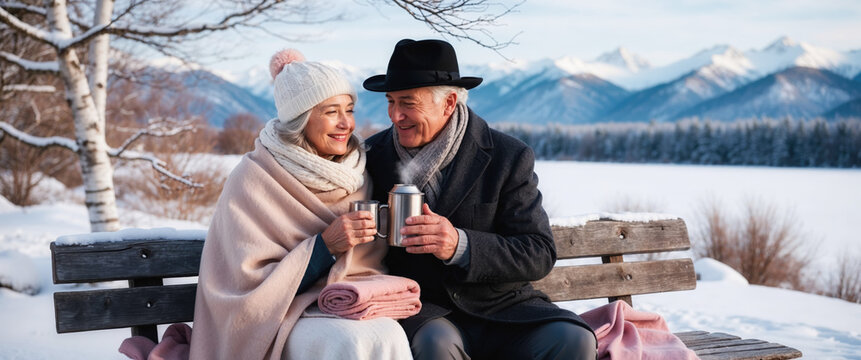 Senior couple enjoying hot drink on bench in winter mountain scenery