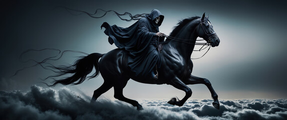 Grim reaper riding black horse above clouds fantasy illustration