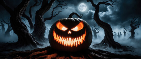 Scary halloween pumpkin glowing in a spooky forest at night