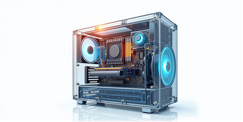 Fototapeta premium Illustrative representation of a transparent modern high end computer with all its parts, processes and components in a professional computing machine
