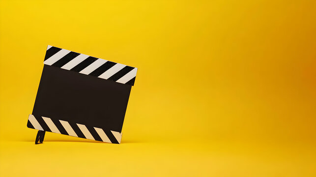 A clapperboard on a bright yellow background for film production.
