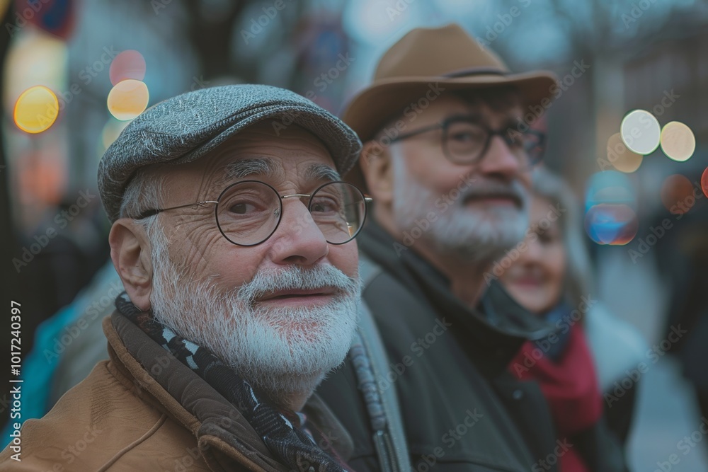 Wall mural Senior couple walking in the city at night. Portrait of an elderly man with a gray beard and mustache.