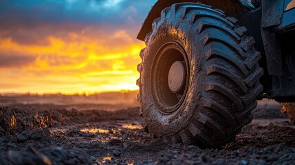 Close-up of muddy tire at sunset. Perfect for illustrating strength, hard work, and overcoming obstacles.