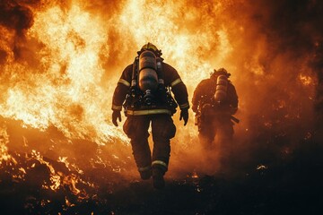 Fototapeta premium Heroic firefighter: brave fireman demonstrating courage, determination in face of danger, embodying strength, dedication required to protect lives, property during critical emergency situations.