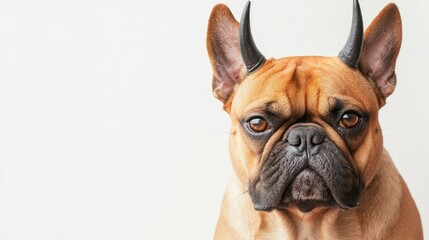 grumpy dog with devil horns on white background