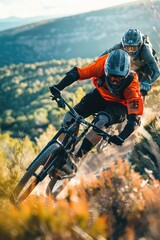 Obraz premium Adrenaline rush - mountain biker, capturing thrill of extreme sport, showcasing motion blur to emphasize speed, excitement, set against a backdrop of natural beauty, perfect for adventure enthusiasts.