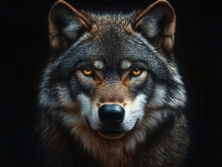 Fototapeta premium intense portrait of an adult wolf set against a dramatic black background, showcasing piercing eyes and intricate fur details, conveying strength and majesty in the wild