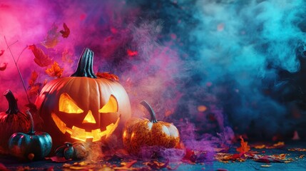 Naklejka premium Halloween pumpkins and decorations on colorful backdrop
