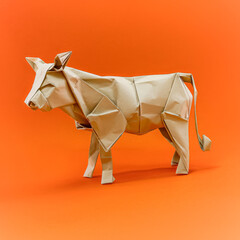 Obraz premium Paper cow is standing on a red background
