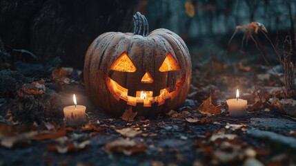 Abandoned Halloween pumpkin and candles outdoors