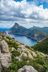 Fototapeta premium Cap Formentor, Mallorca, beautiful view of the sea and the coast of majorca, vertical shot during cloudy weather