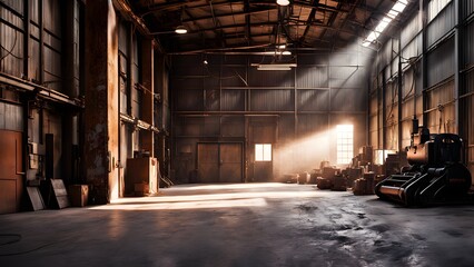 Fototapeta premium A large, industrial warehouse with sunlight streaming through the windows, illuminating dust particles in the air.