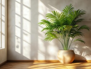Fototapeta premium minimalist white wall mockup showcasing a serene indoor plant and polished wood floor, creating an inviting and tranquil space for home decor inspiration