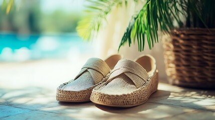 a pair of beige espadille sandals